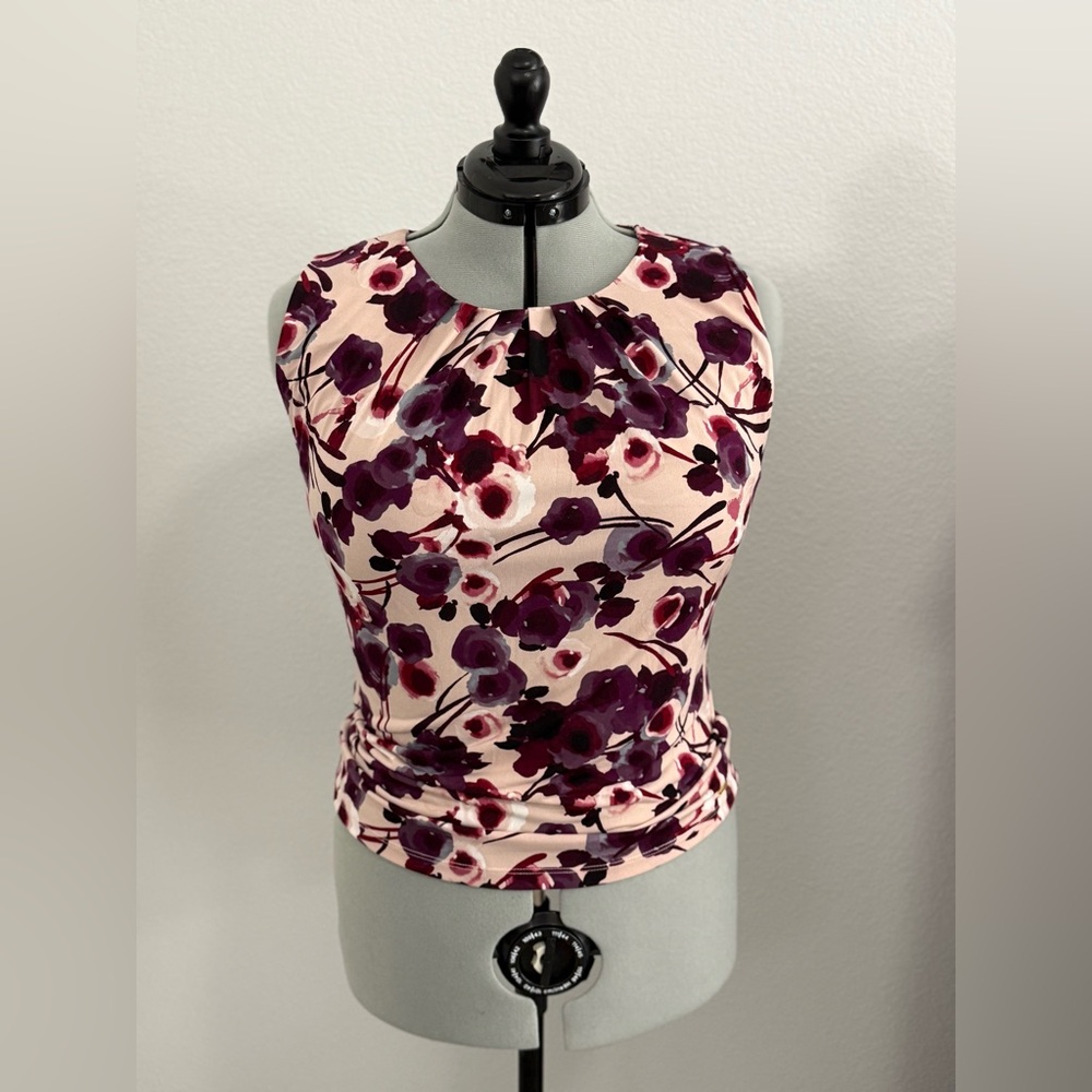 NWT CALVIN KLEIN Women's Pleated-Neck Sleeveless Multicolor Floral Top Size L